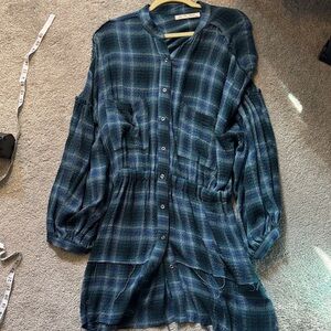 Fringe Blue and Green Plaid Button-Up Dress